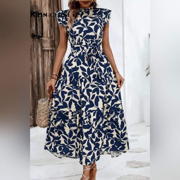 Dawn Maxi Dress in Midnight Leaf Flock Navy